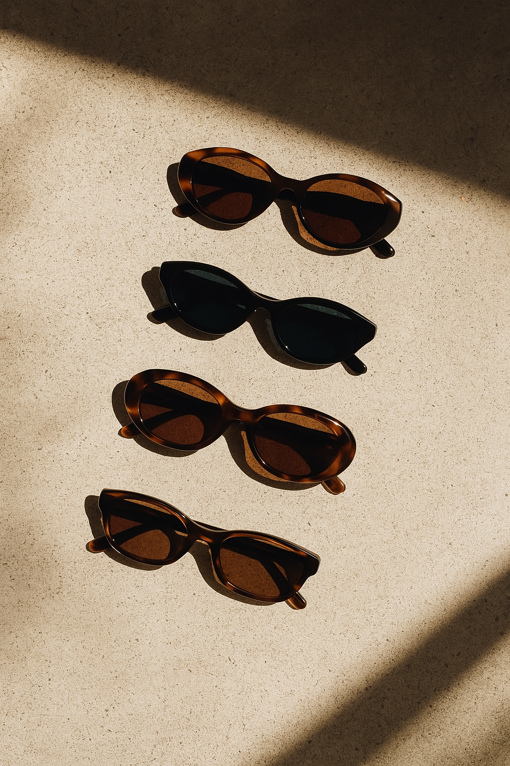 Flat lay of four stylish Anhseen sunglasses with Asian-fit designs, including cat-eye and oval frames in black and tortoise patterns, displayed on a sunlit concrete surface.